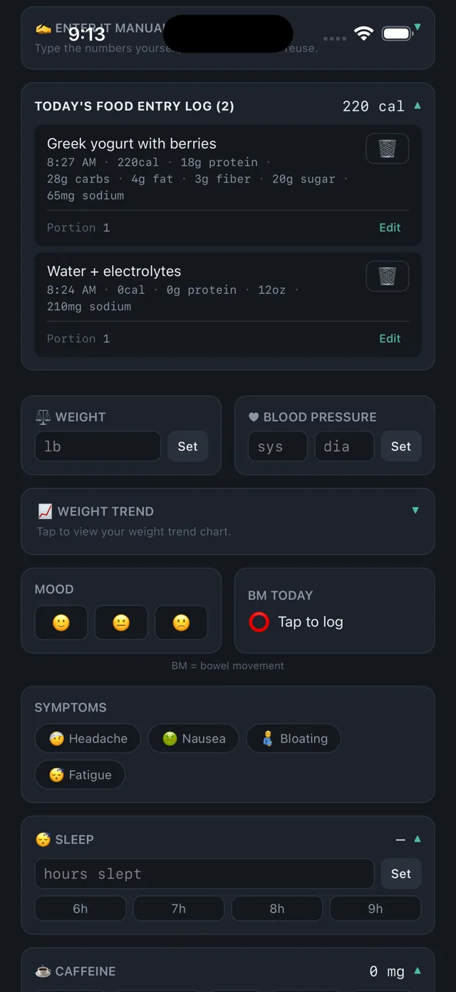 Halera food log entries broken down by calories, protein, carbs, fat, fiber, sugar and sodium.