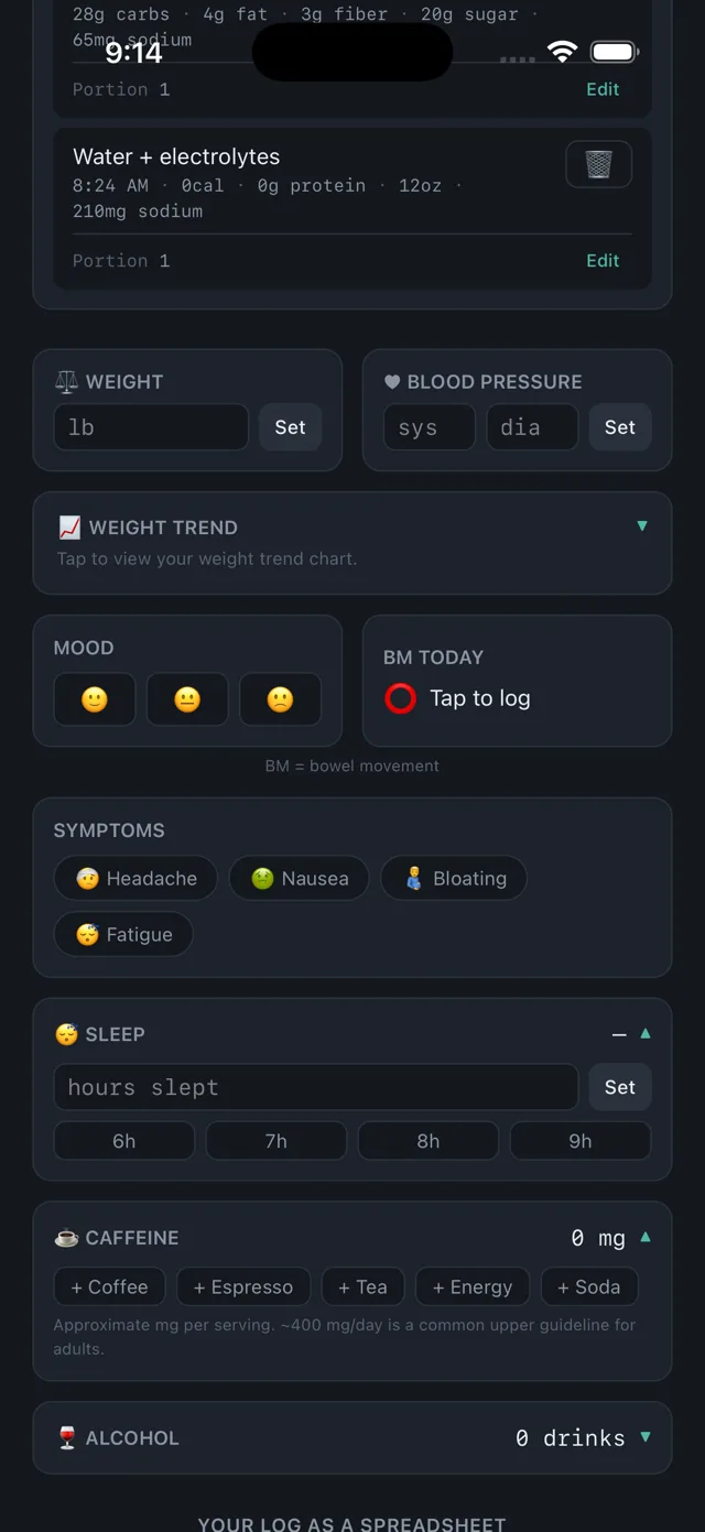 Halera tracking weight, blood pressure, mood, sleep, caffeine and symptoms in one place.