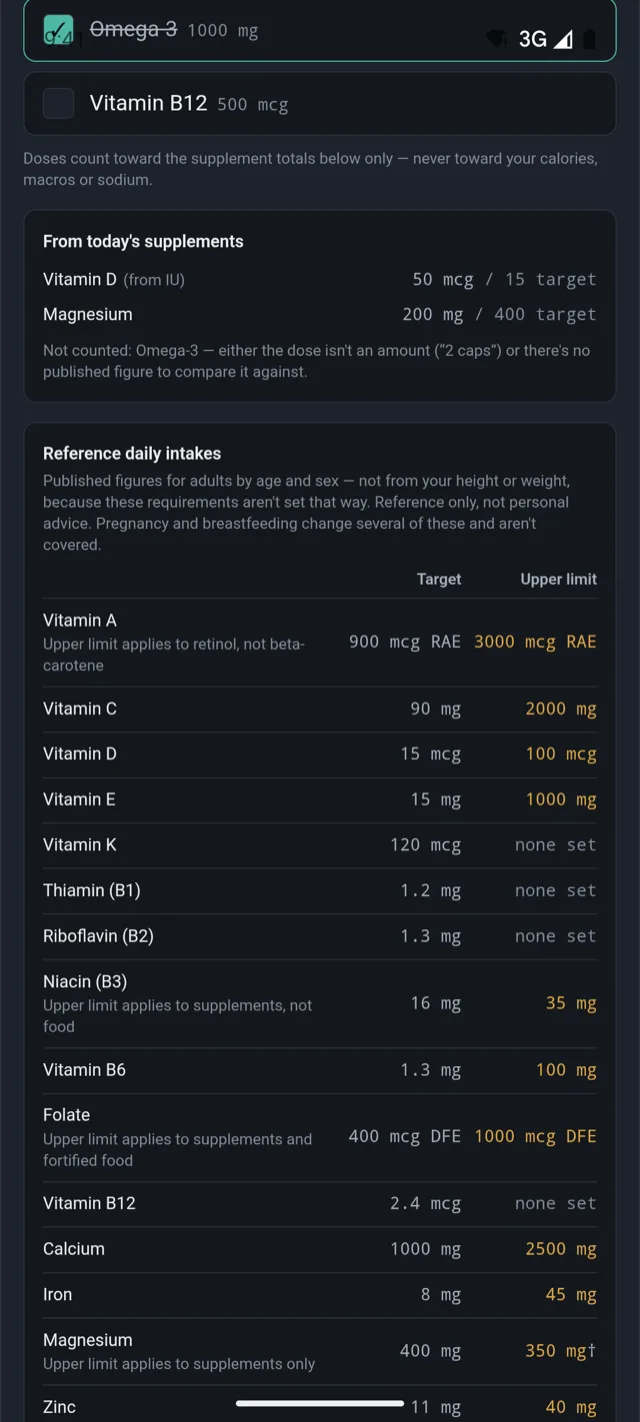 Halera's supplements screen listing Vitamin D3, magnesium glycinate, omega-3 and B12, above a reference-intake table showing each nutrient's daily target and upper limit.