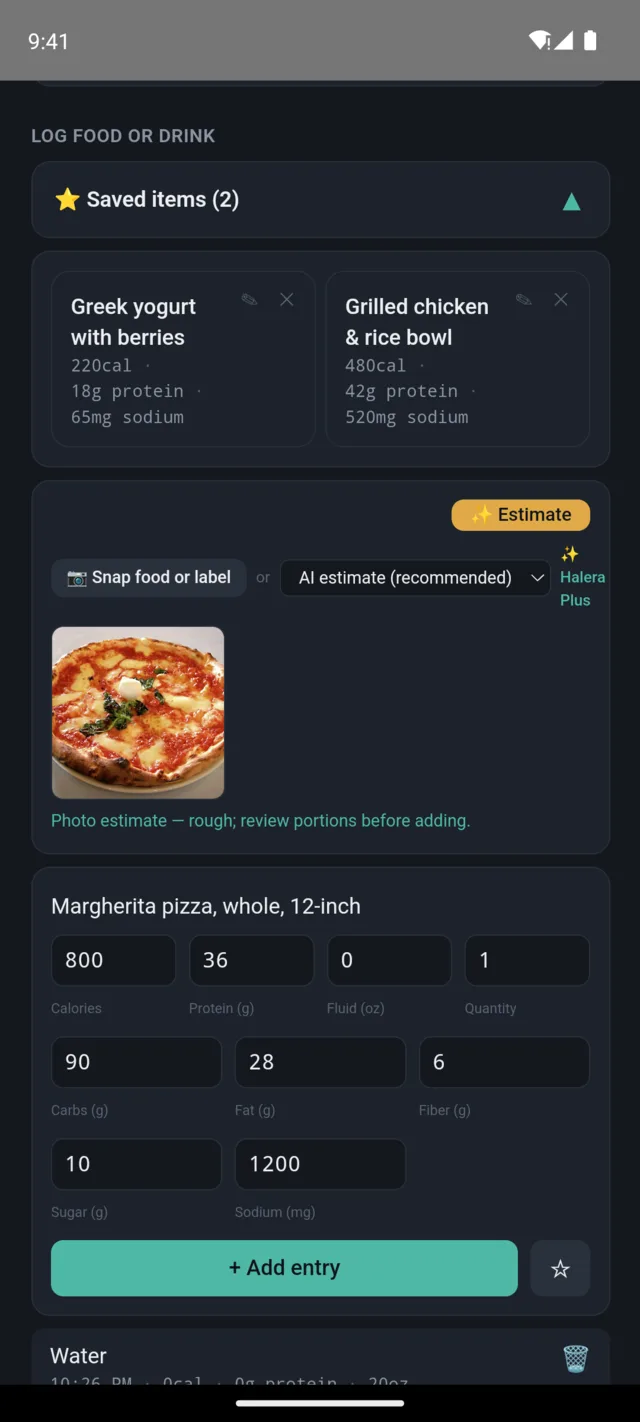 Halera estimating a photographed pizza: 800 calories, 36g protein, 90g carbs, 30g fat.